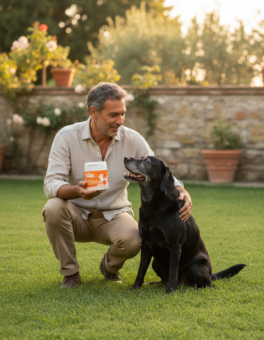 Uomo accovacciato in giardino accanto al suo labrador nero senior, con in mano il barattolo di Mobilità & Articolazioni