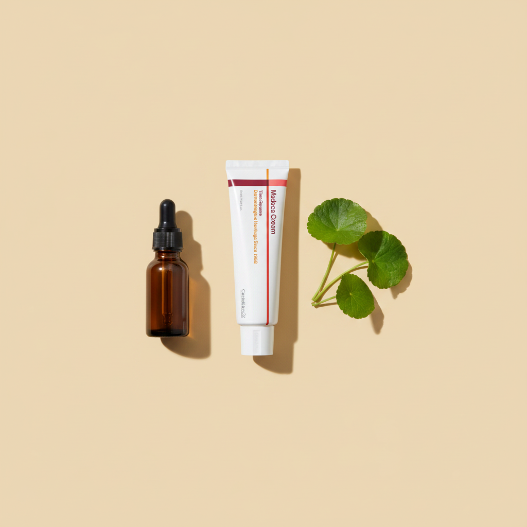 Madeca Cream tube lying between a small amber apothecary bottle and three round Centella asiatica leaves on a cream background