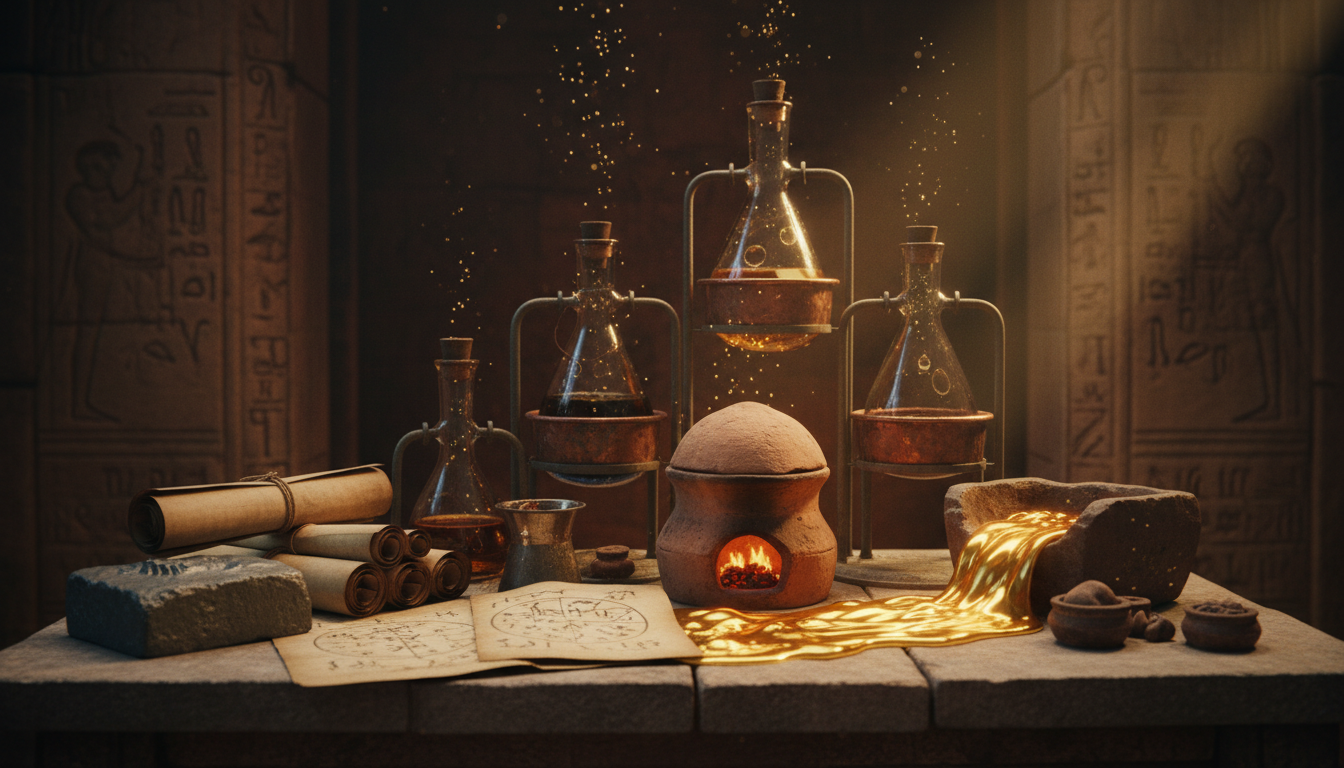 Alchemical workshop with alembic vessels, papyrus scrolls and a lead ingot beside molten gold