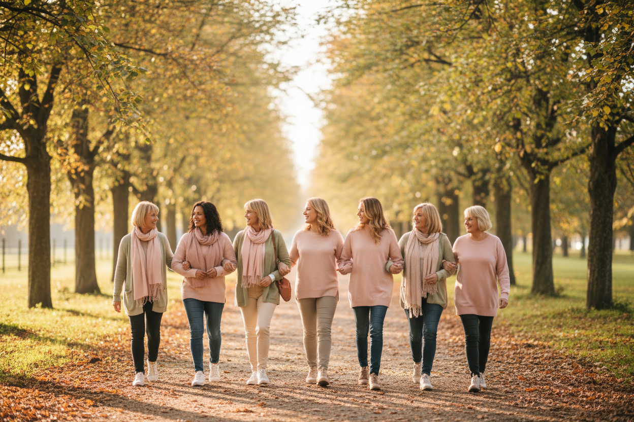 A group of women walking arm in arm along a sunlit autumn path