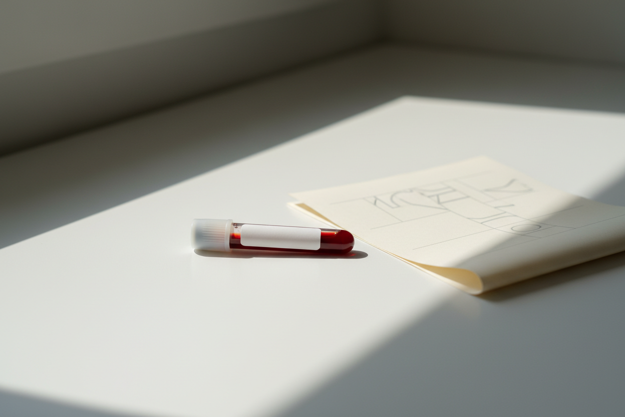A blood sample tube beside a folded lab report