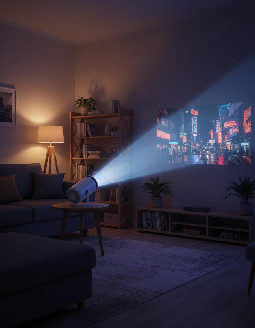 Mini projector casting a movie onto a living room wall at night