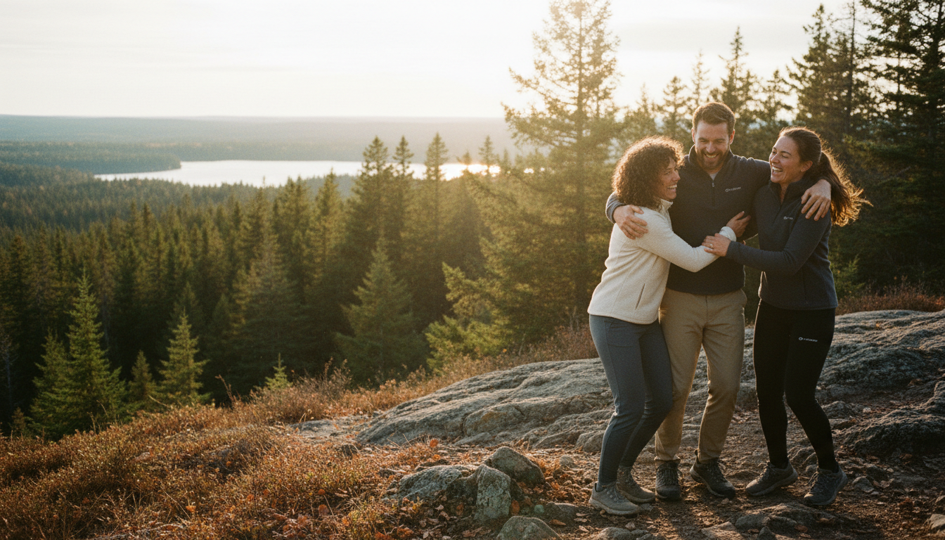 Three friends laughing together on a sunlit hilltop above a Canadian lake