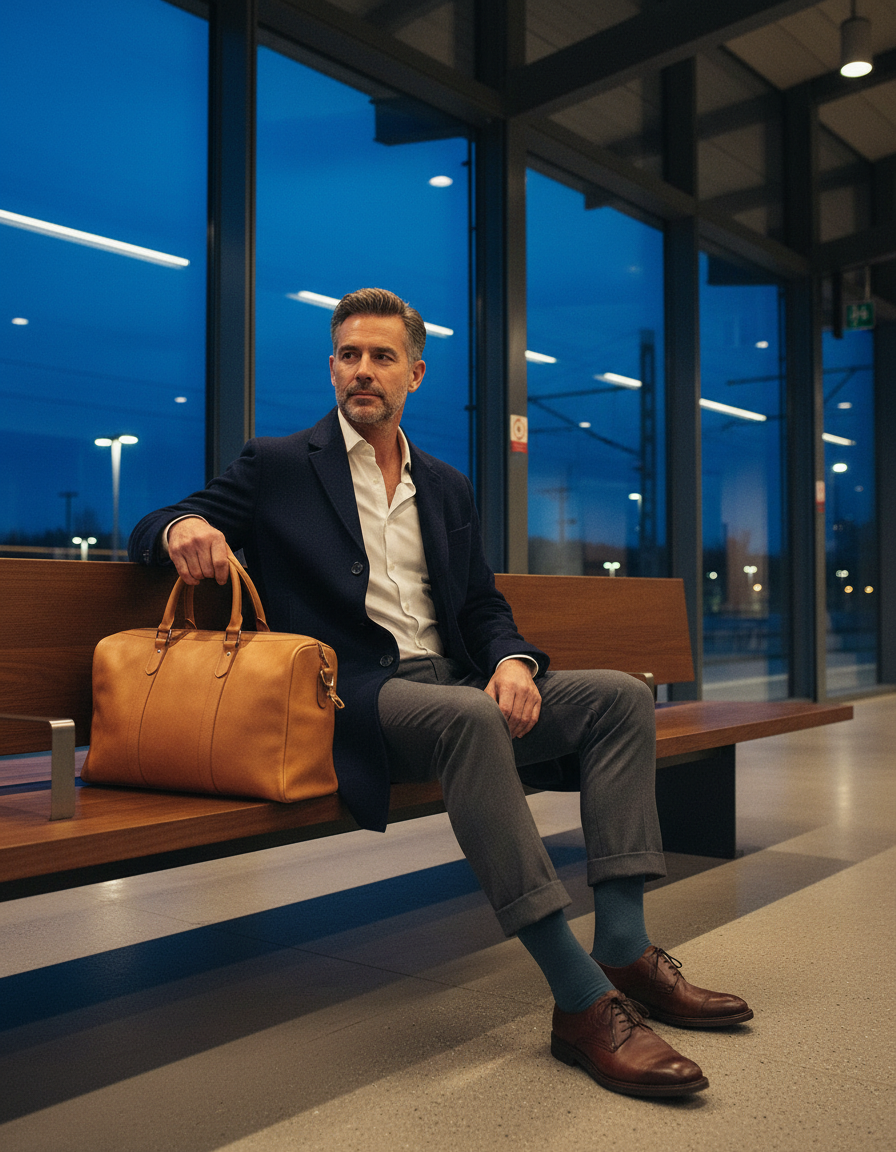 Man in a navy overcoat waiting on a train station bench at dusk beside a leather weekender, wearing Sigvaris Style Microfiber Patterns compression socks in blue