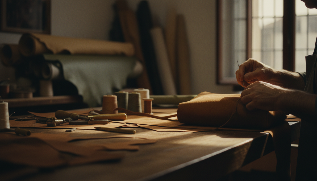 An artisan's hands hand-stitching cacao suede at a sunlit wooden workbench in the FOREBAGS leather atelier