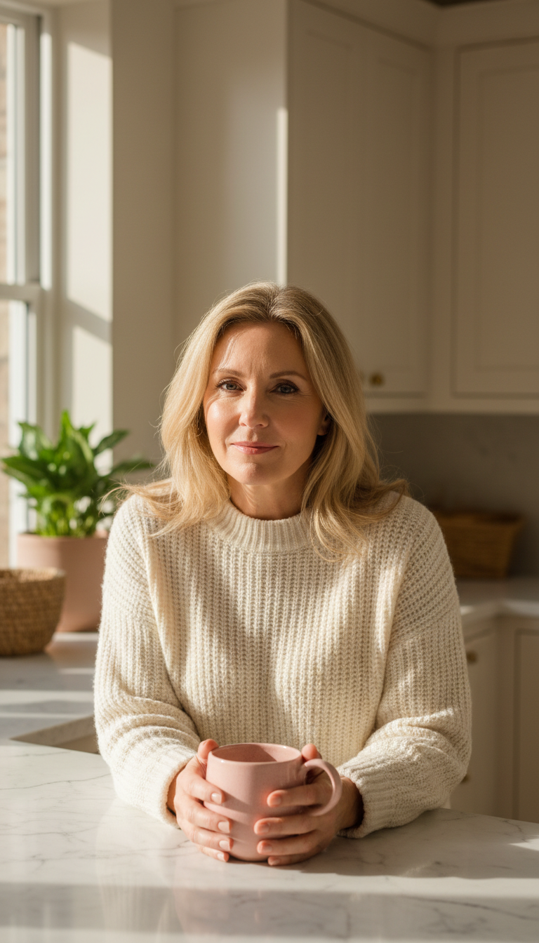 Woman in her fifties enjoying coffee in a sunlit kitchen during an unhurried morning