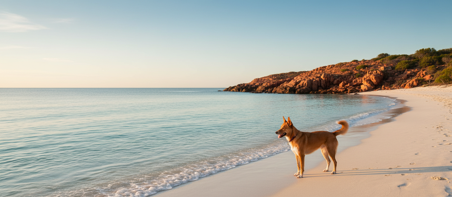 A kelpie standing on a quiet Australian beach at sunrise, looking out over turquoise water