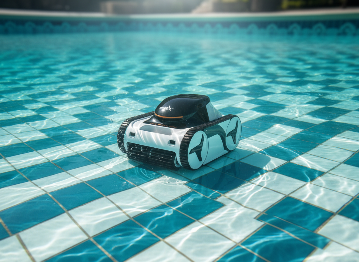 Fairland Poolroboter reinigt den Boden eines kristallklaren Pools