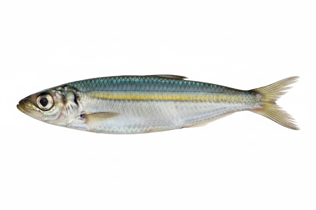 A Goldstripe Sardinella shown side-on: a slender silver fish with a blue-green back and a thin golden stripe along its flank