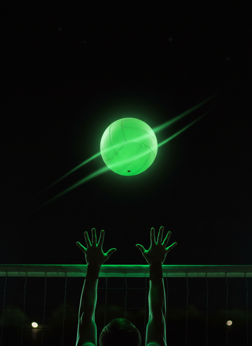 Glowing volleyball frozen mid-air above the net at night