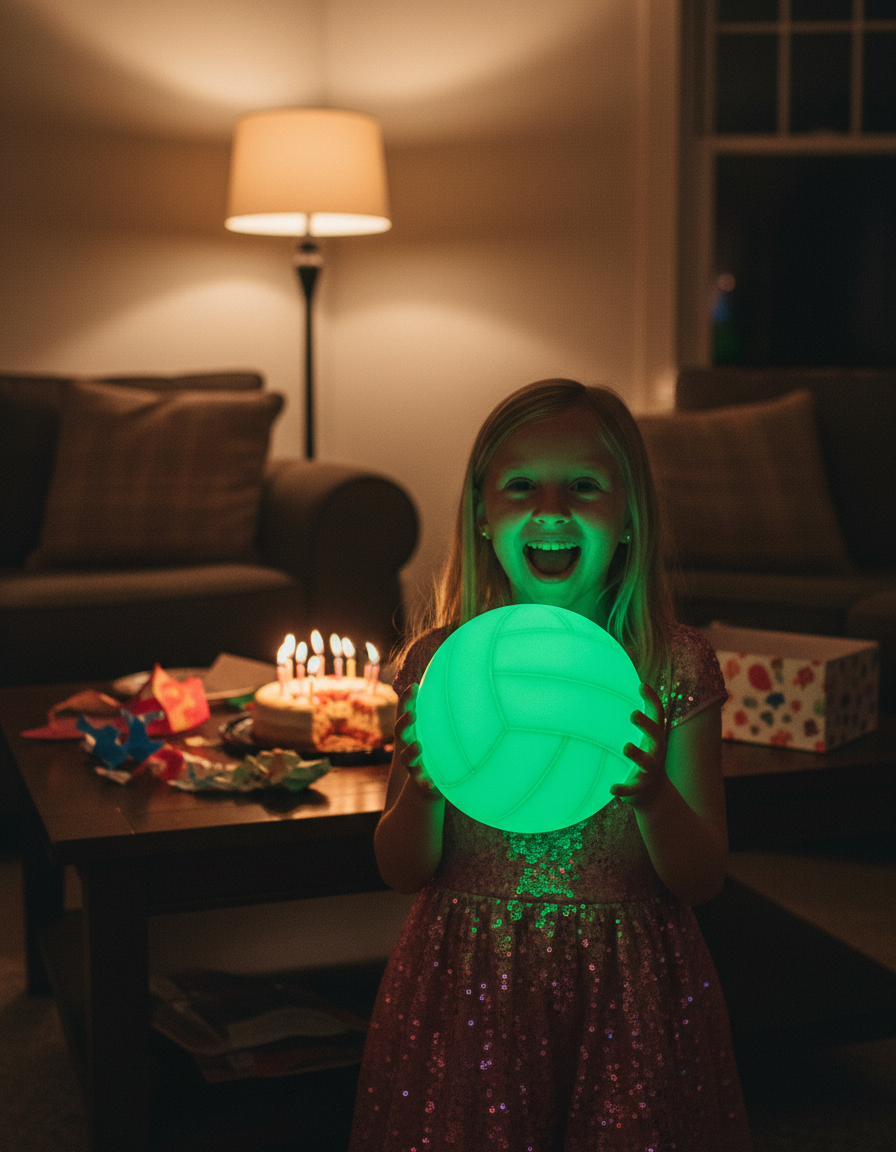 Girl holding the glowing ball at her birthday party