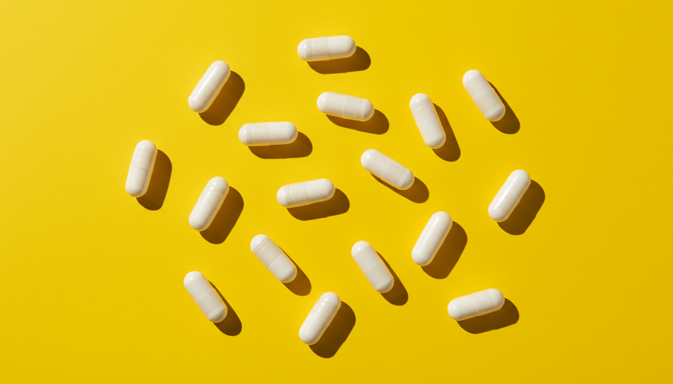 White supplement capsules scattered on a bright yellow background