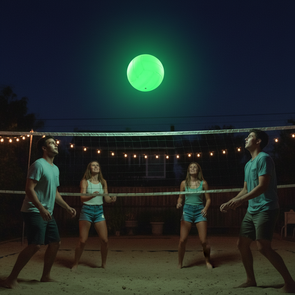 Friends playing night volleyball in a backyard with the glowing ball