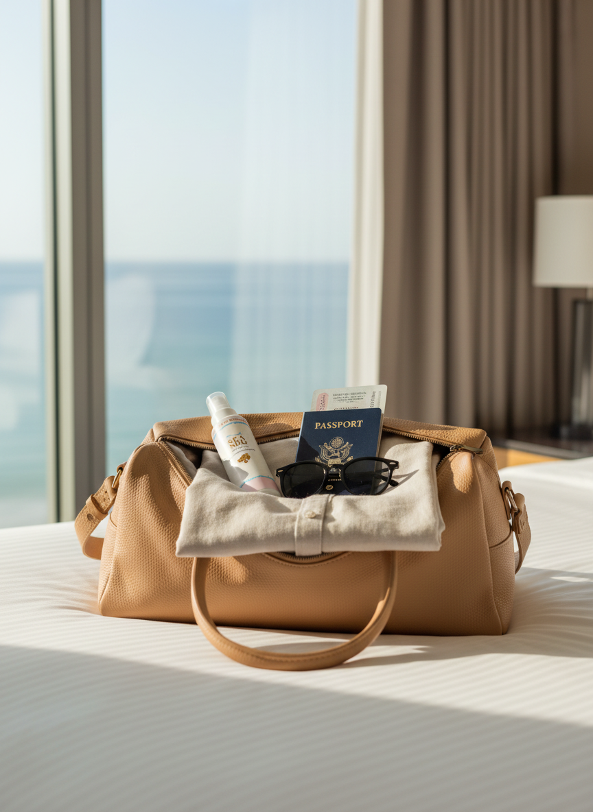 SEA NRG packed in a weekender bag with a passport and sunglasses