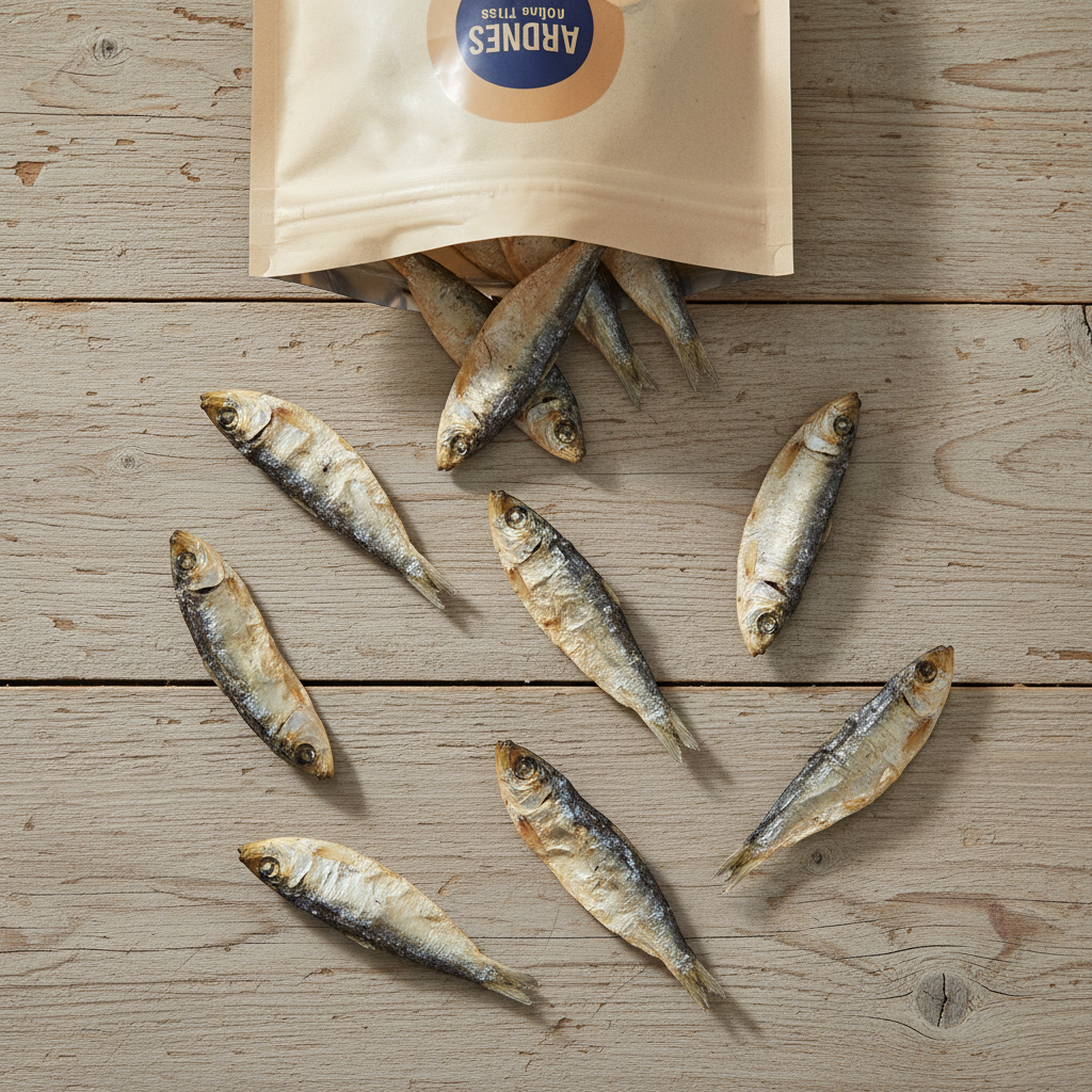 Dried whole sardine treats laid out on a wooden board