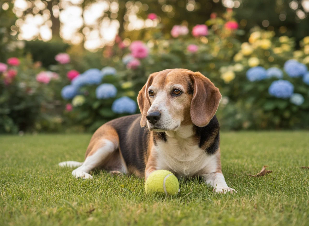Cane senior sdraiato sul prato accanto a una pallina da tennis