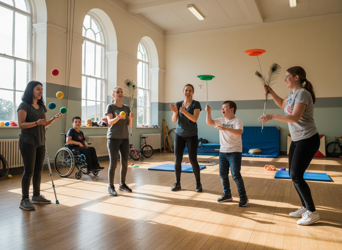Gemeinsames Jonglieren im Zirkus-Workshop