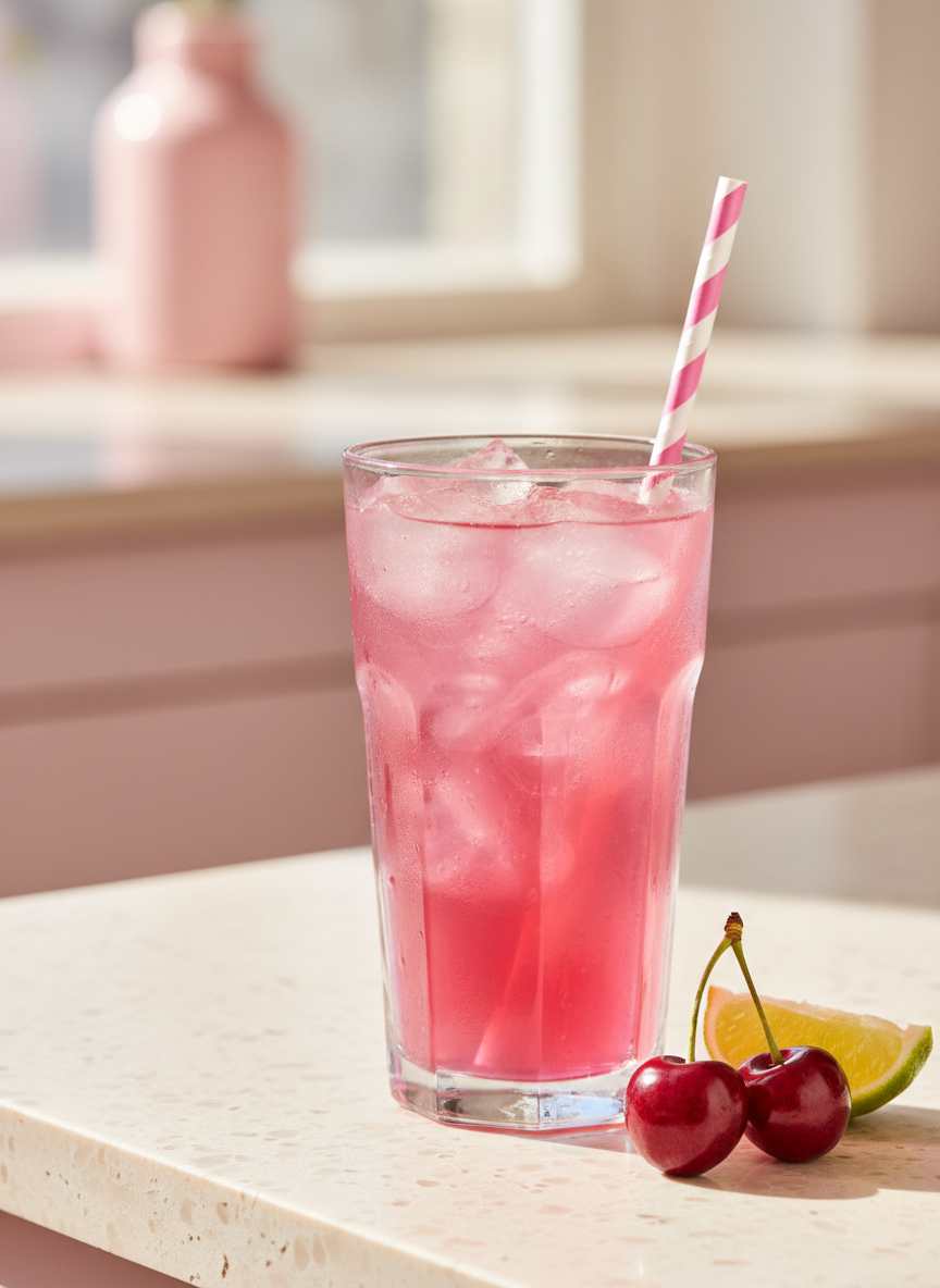 Cherry limeade fiber drink over ice with condensation and a straw