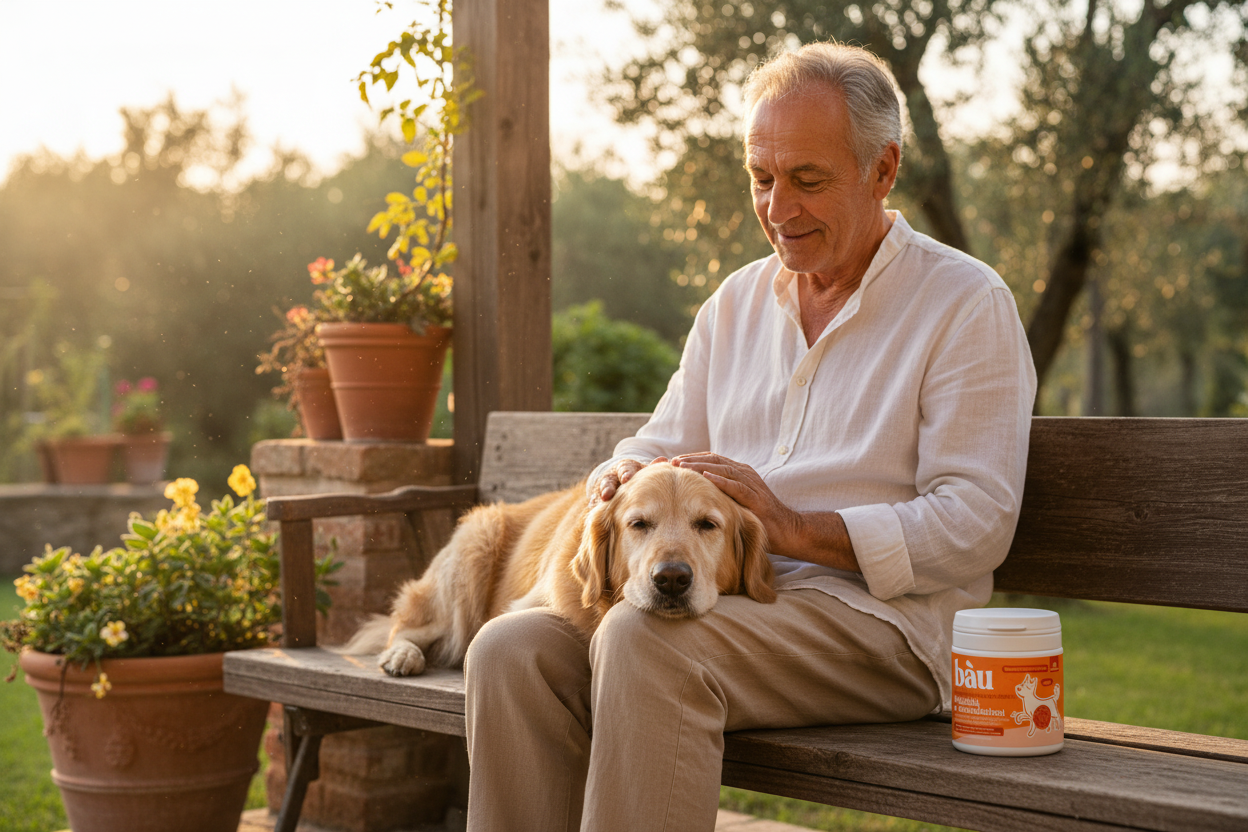 Uomo anziano seduto in veranda con il suo vecchio golden retriever e il barattolo di Mobilità & Articolazioni