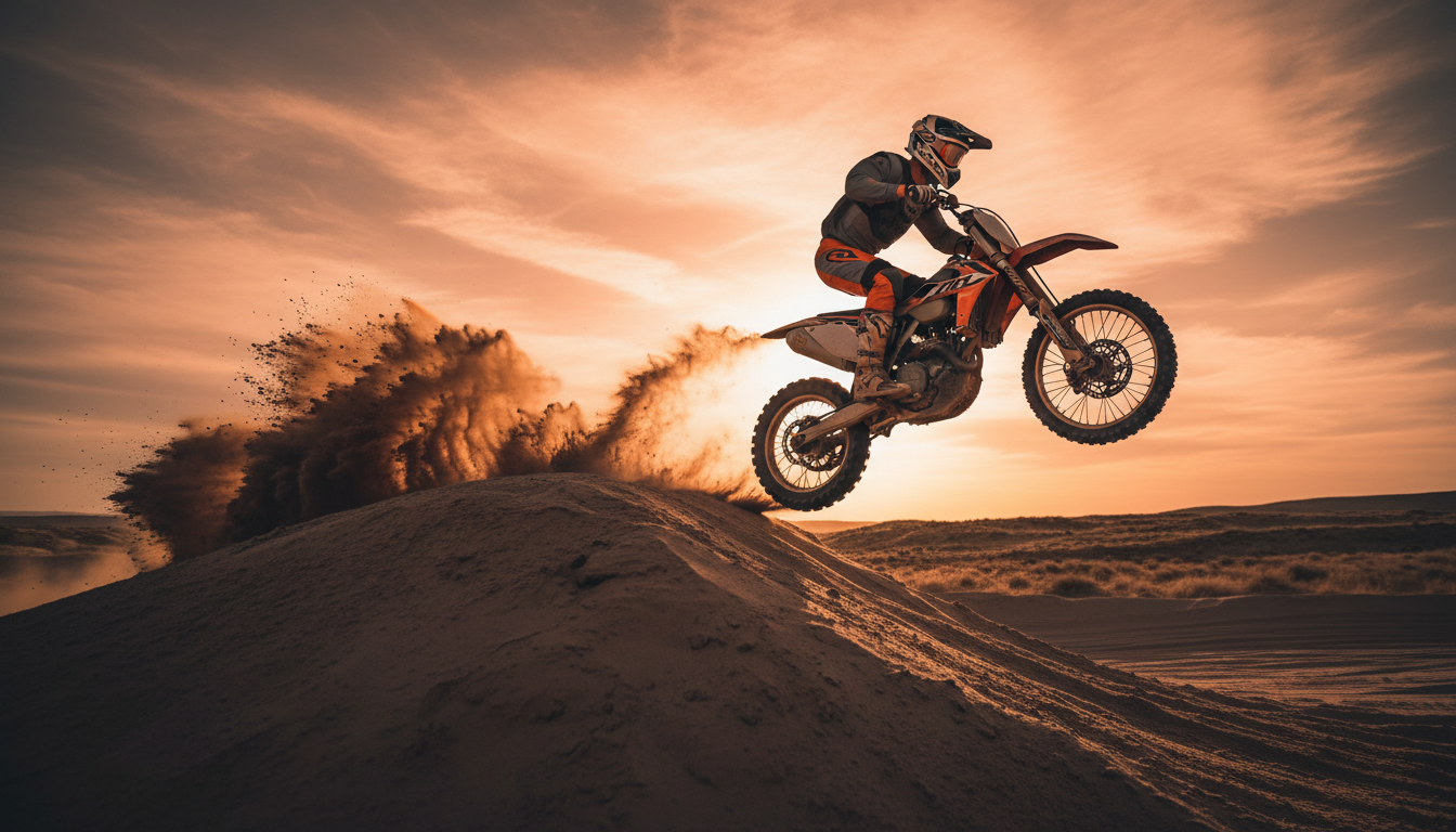 Dirt bike rider mid-jump wearing the mirrored motocross goggles