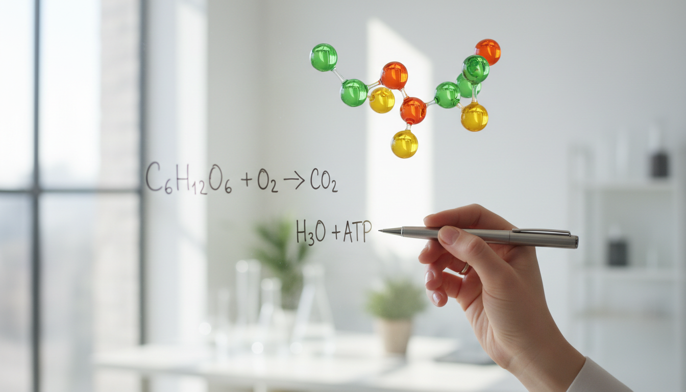 Hand writing a chemical formula beside a colourful molecular model
