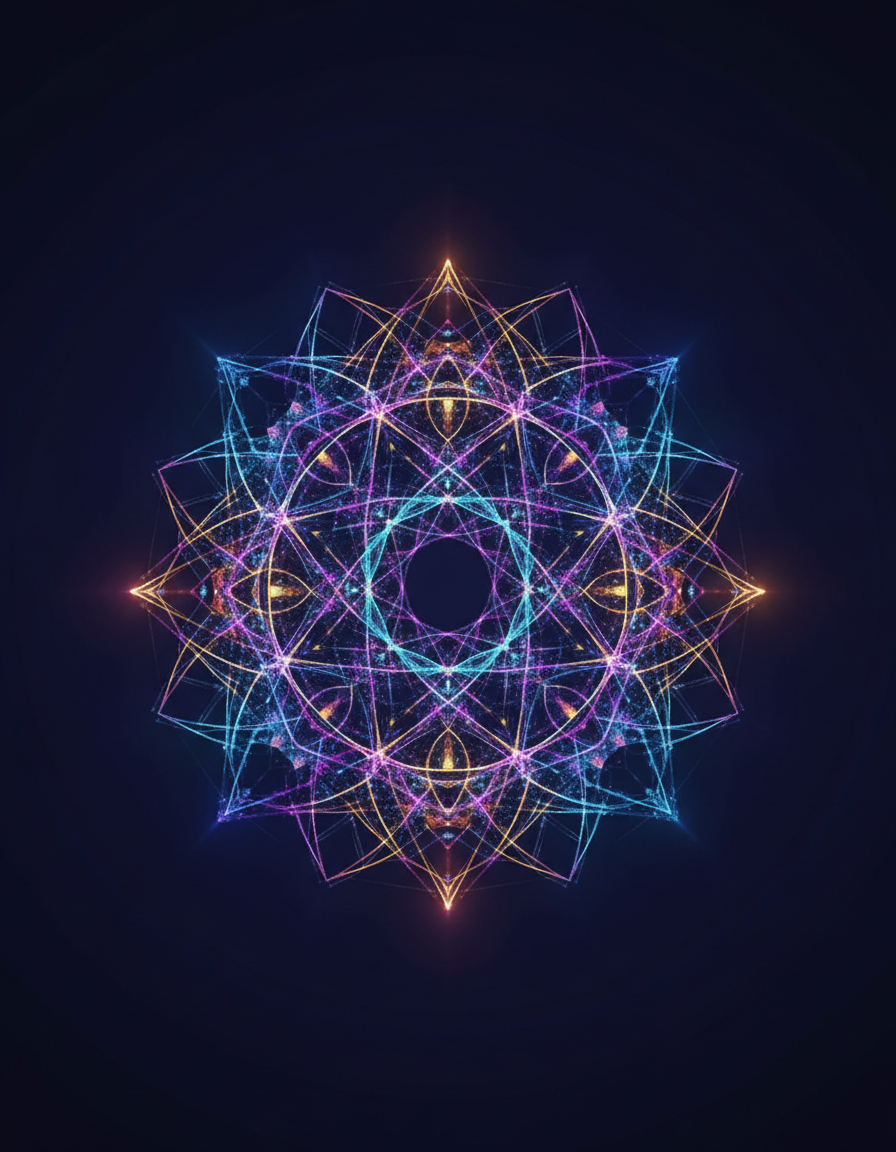 Iridescent mandala of light and particles on a midnight background