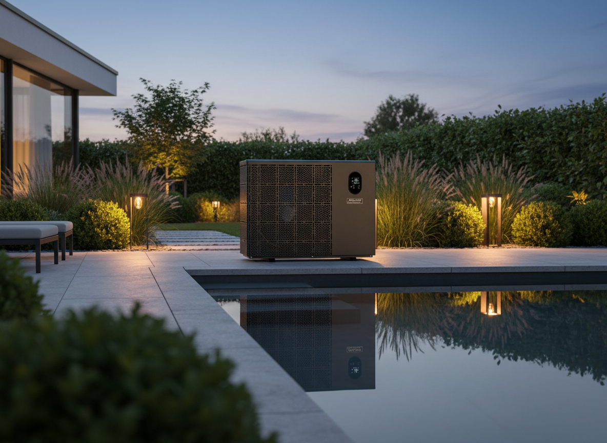 Fairland Pool-Wärmepumpe an einem modernen Gartenpool in der Abenddämmerung