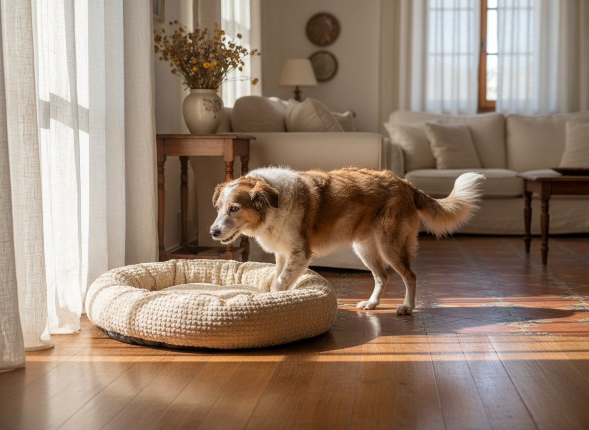 Cane anziano che si alza da solo dalla cuccia nel soggiorno illuminato dal sole del mattino