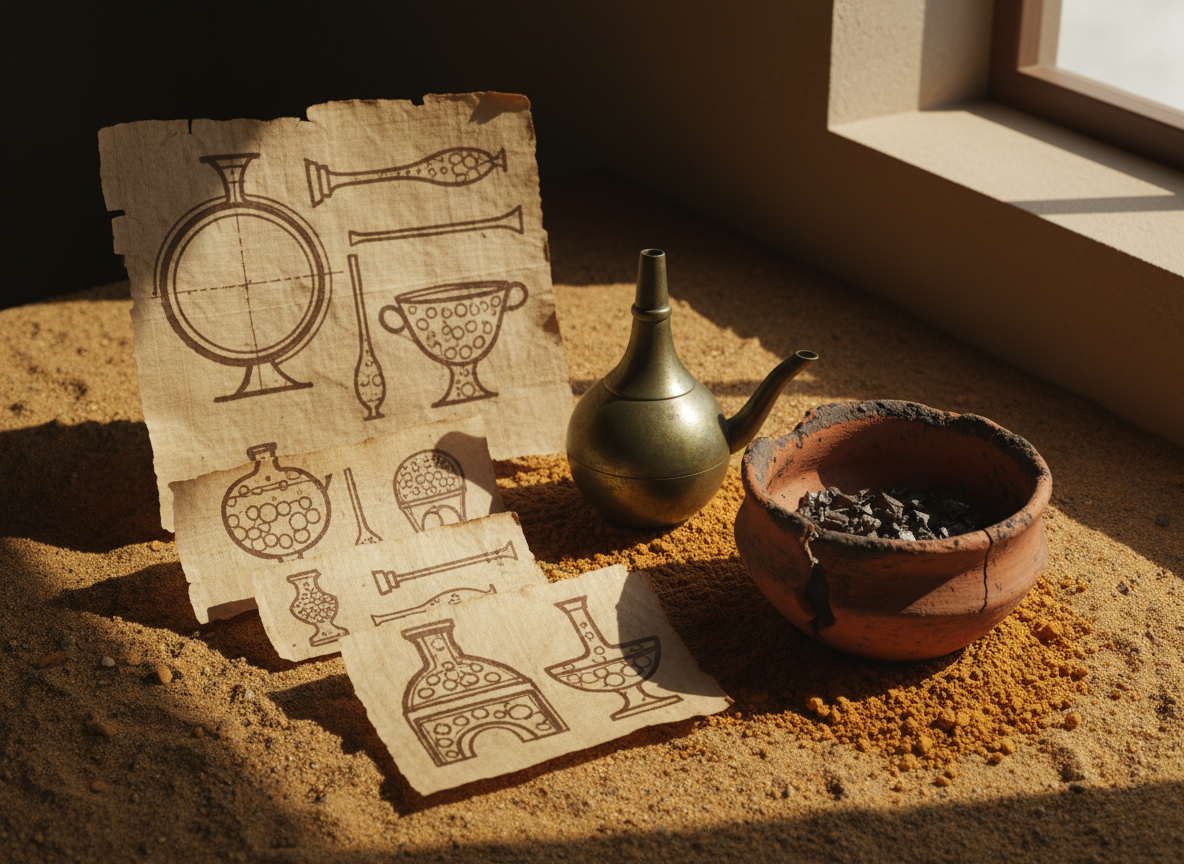 Papyrus manuscript fragments with faded diagrams of vessels and furnaces beside a bronze distillation vessel and a crucible
