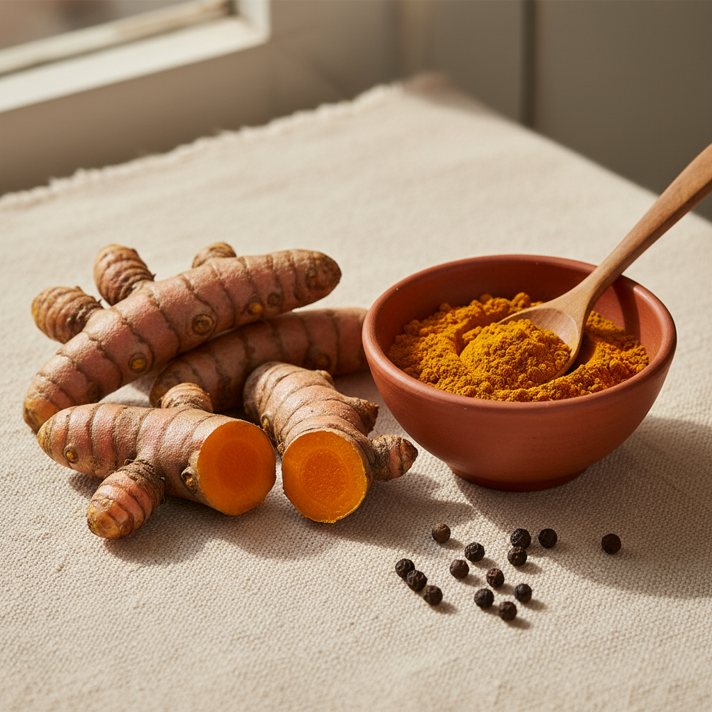 Radici di curcuma, polvere di curcuma e grani di pepe nero