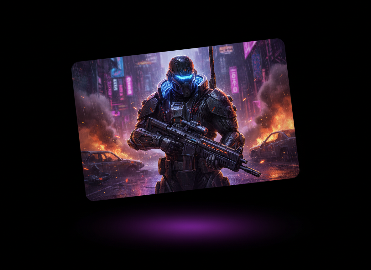 AAA PC game cover card showing an armored cyberpunk soldier in a neon city