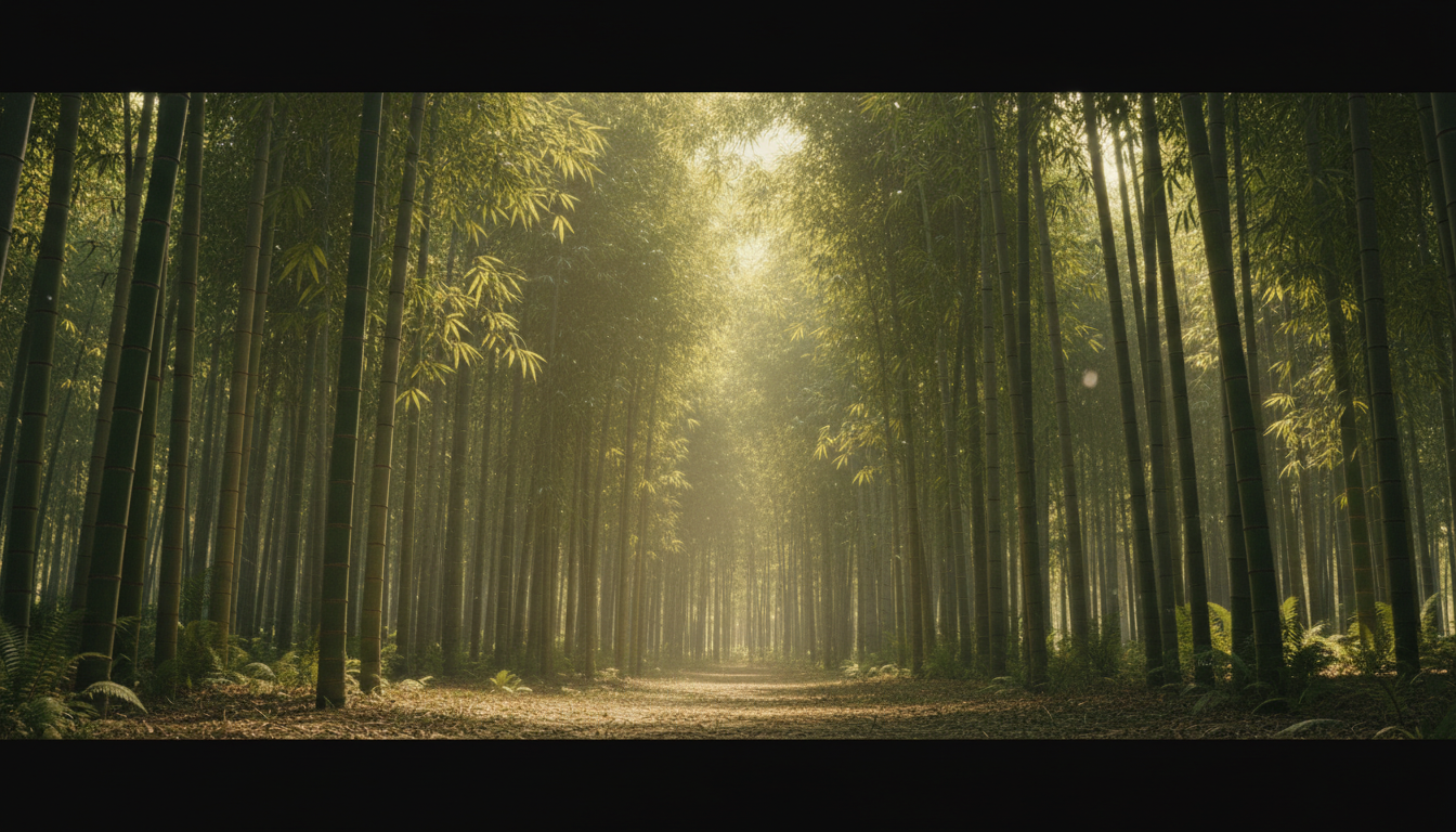 Sunlit bamboo forest with tall green stalks