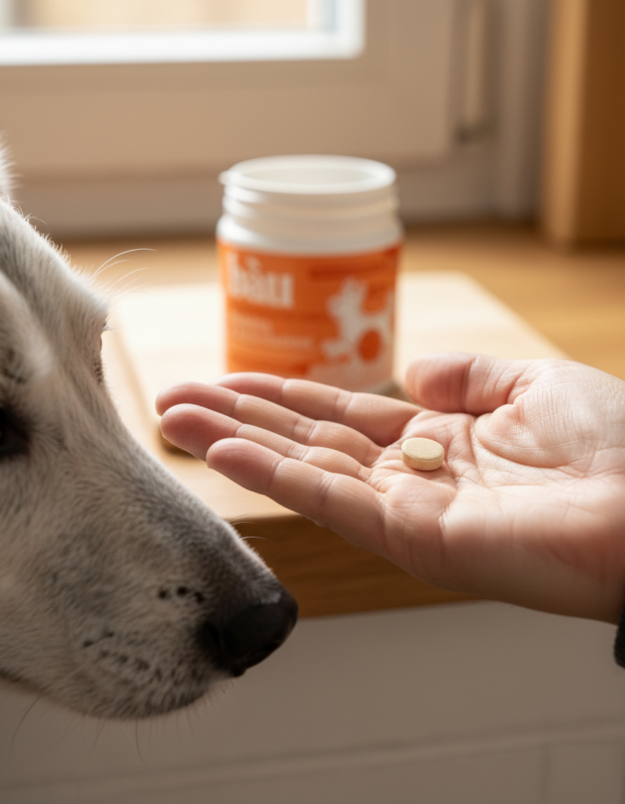 Una compressa sul palmo della mano, annusata da un cane senior: la dimensione reale