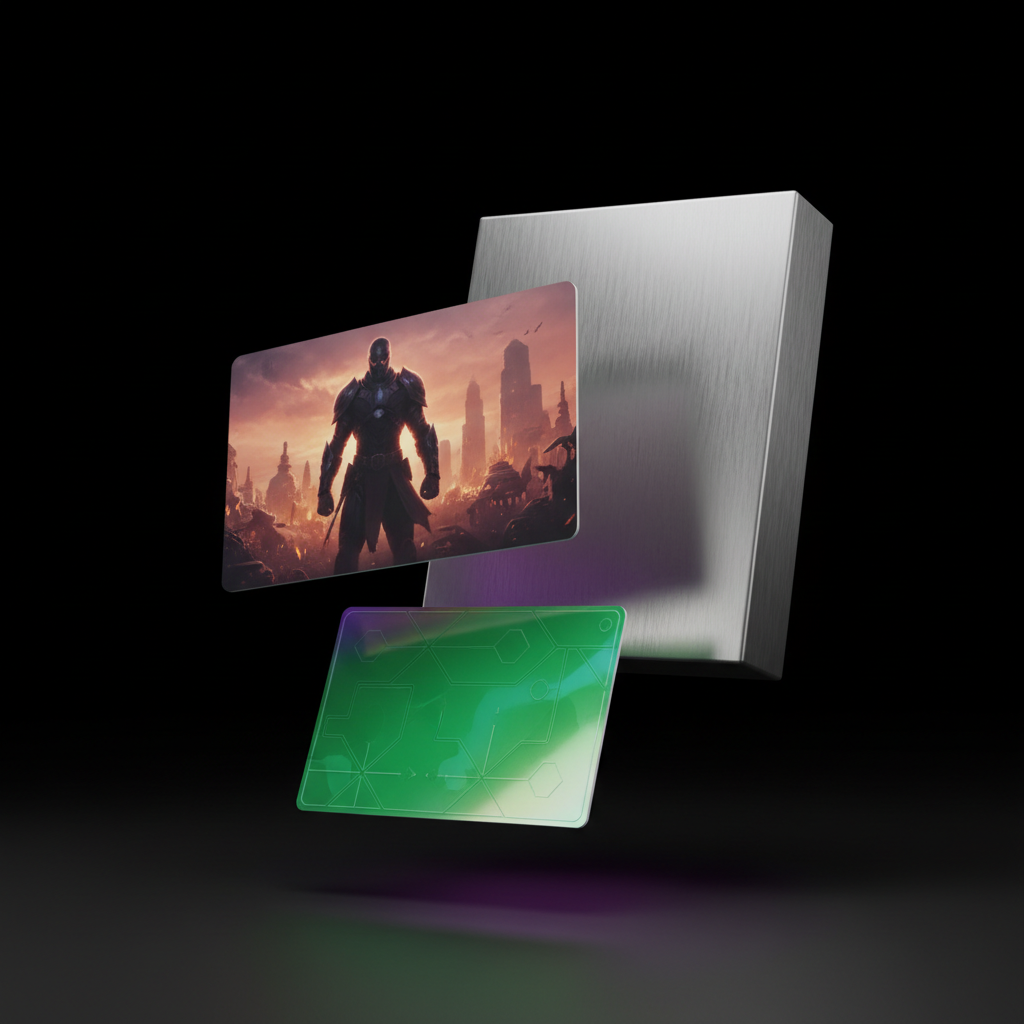 Floating stack of a green console gift card, an AAA game card and a frosted metallic software box in a purple neon glow