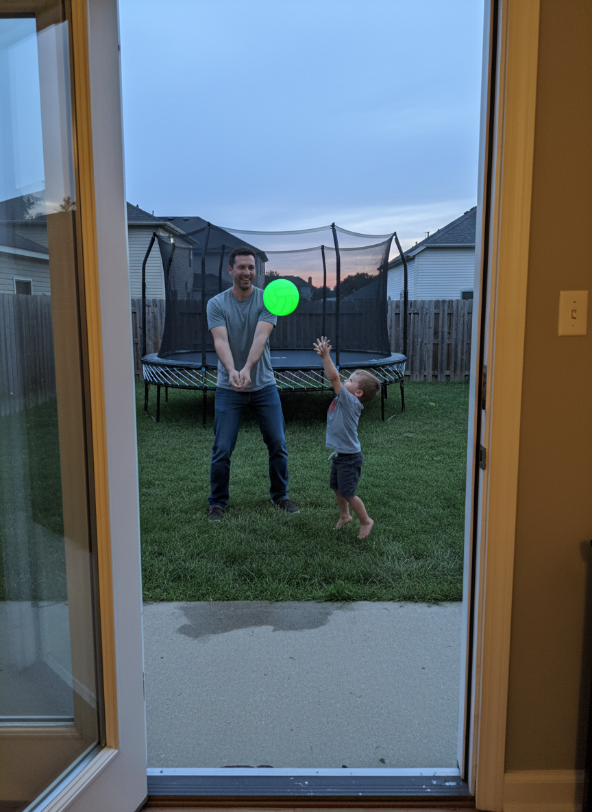 Dad and son bumping the glowing ball in their backyard