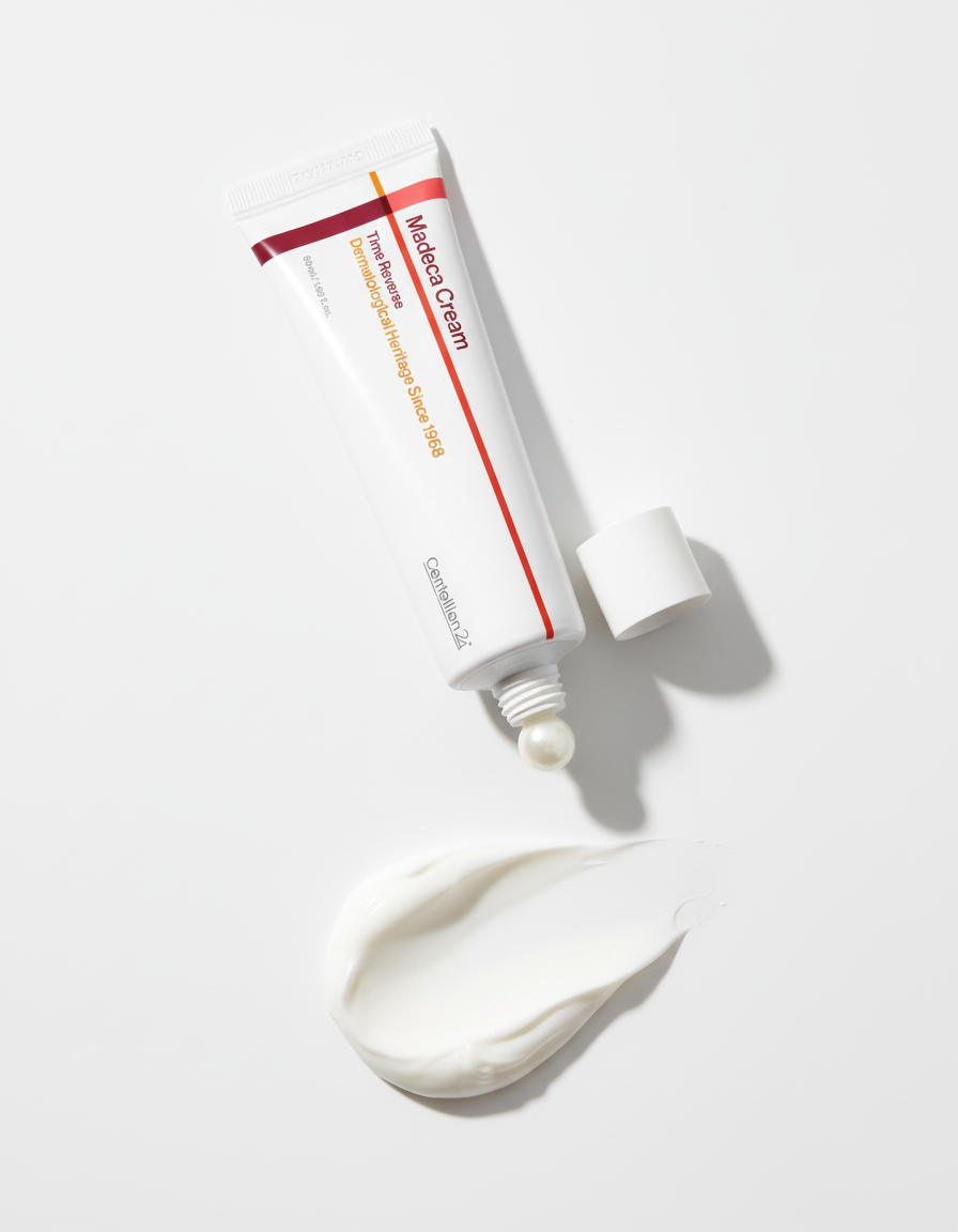 Open Madeca Cream tube lying on a white surface, a pearl of thick white cream at the nozzle and a dab of dense cream beside it
