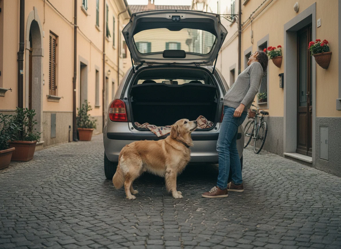 Golden retriever senior che esita prima di saltare nel bagagliaio dell'auto