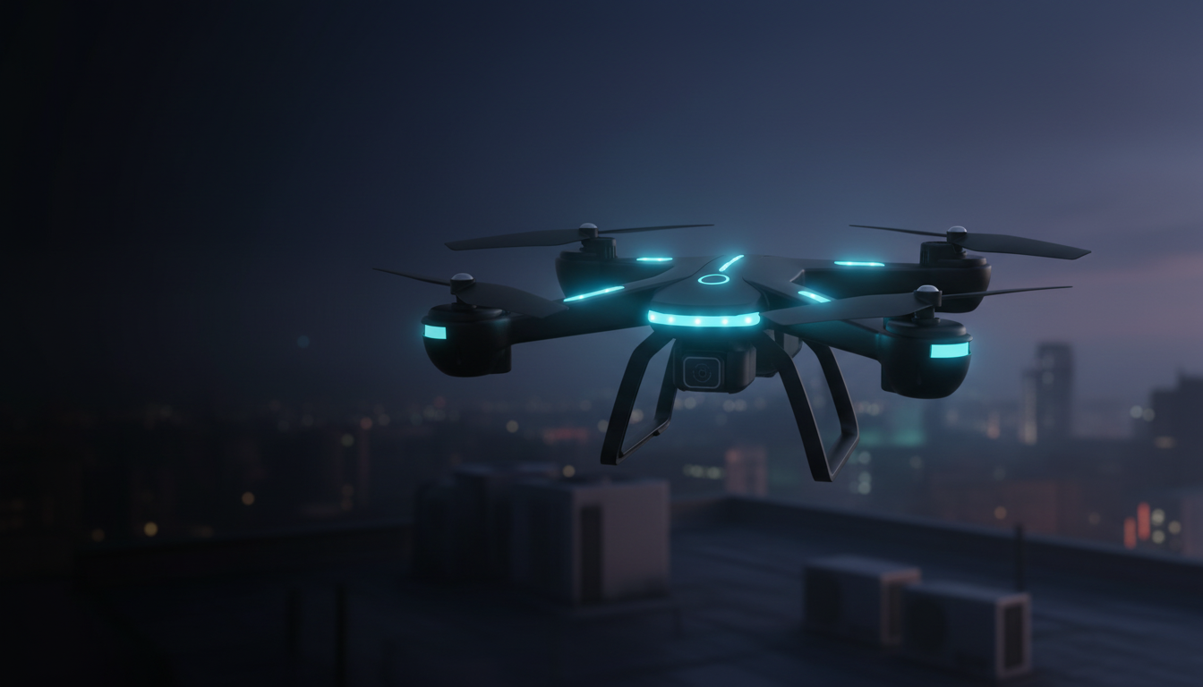 A black drone with glowing cyan lights hovering over a city rooftop at night