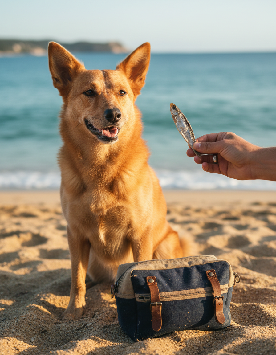 A red kelpie sitting on the beach as its owner offers a dried sardine treat