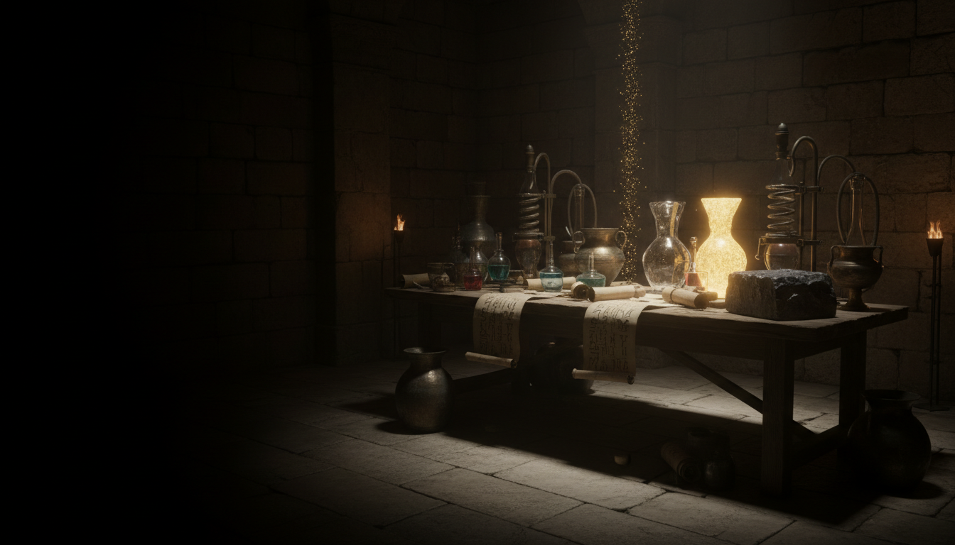 Ancient alchemical laboratory with alembics, bronze vessels and papyrus scrolls, where dark lead sits beside glowing gold