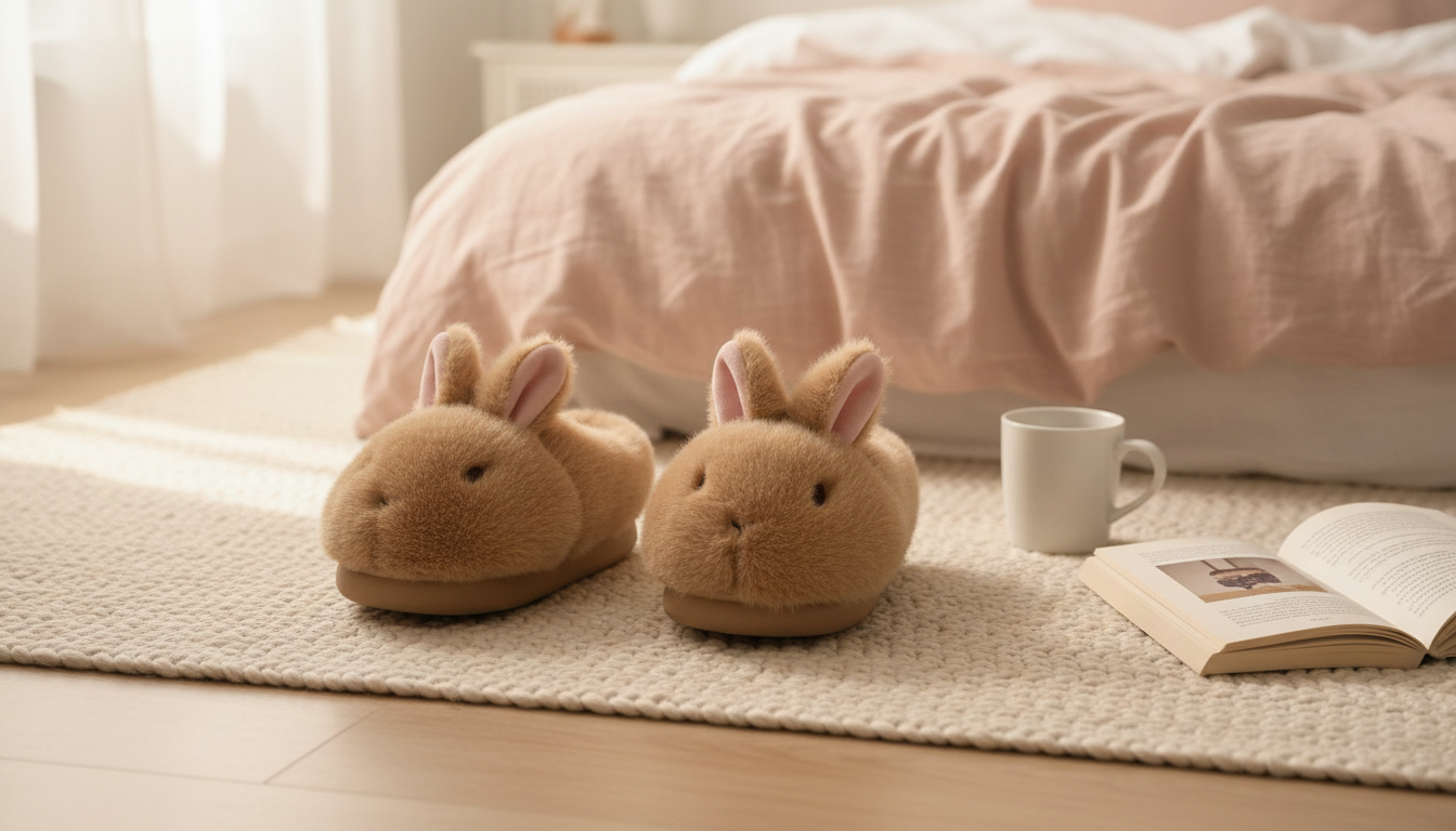 Fluffy beige bunny slippers on a cream knit rug beside a blush-pink bed in soft morning light