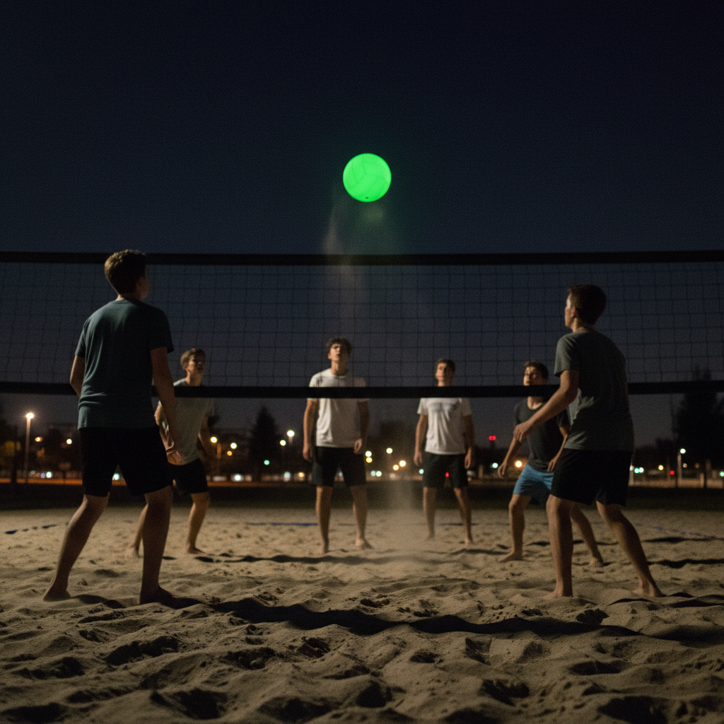 Teenagers playing beach volleyball at night with the glowing ball