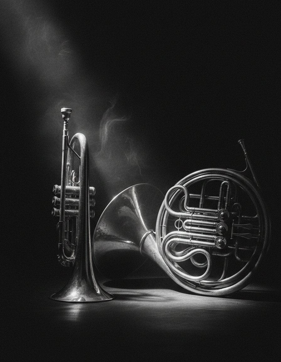 Brass trumpet and French horn lit by a single spotlight in a dark, smoky studio