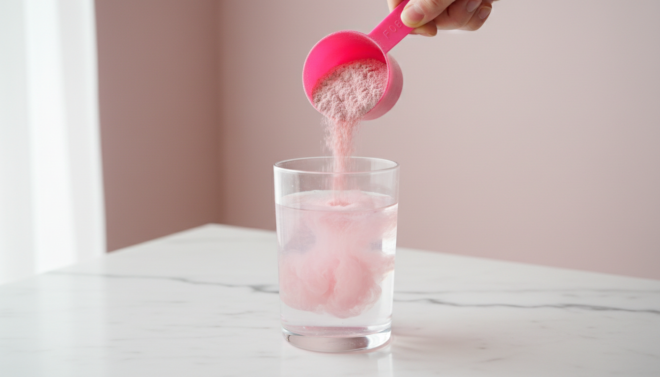 A scoop of fiber powder going into a glass of water