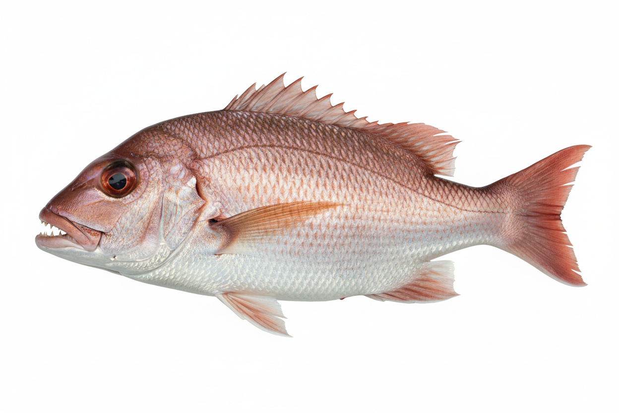 An illustrative reef snapper shown side-on: a deep-bodied pink-red fish with a spiny dorsal fin