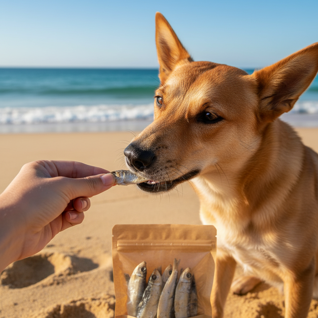 A red kelpie on the beach taking a dried sardine treat from its owner