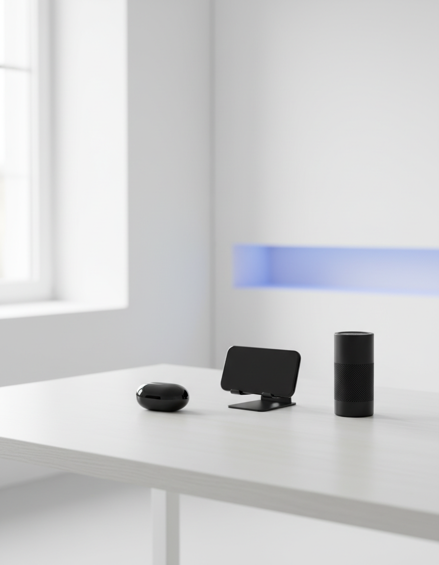 Minimal desk setup with sleek black tech gadgets