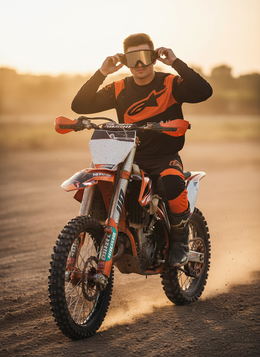 Man sitting on an orange dirt bike on a motocross track wearing ZenShipping mirrored motocross goggles, bopping his head