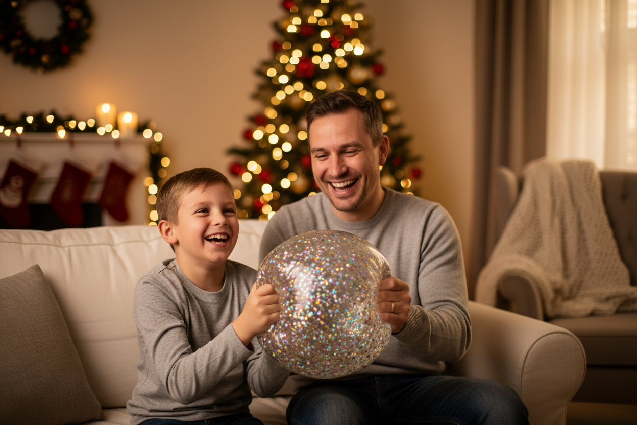 Chlapec s tatínkem na gauči u vánočního stromečku mačkají třpytivé squishy z nano pásky