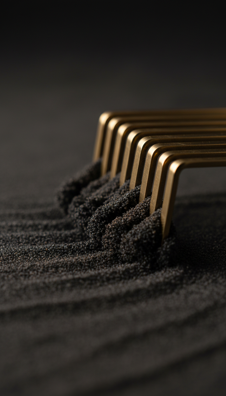 Macro of brass rake tines mid-pull through crumbling black kinetic sand